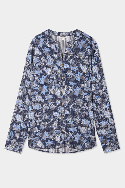 Chemise manches longues col mao bleu marine femme