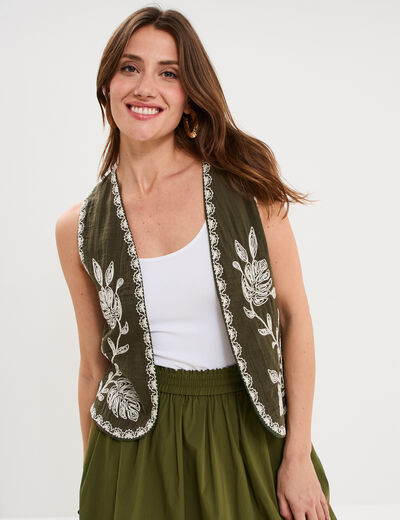 Gilet sans manches brod&eacute; gaze de coton vert kaki femme
