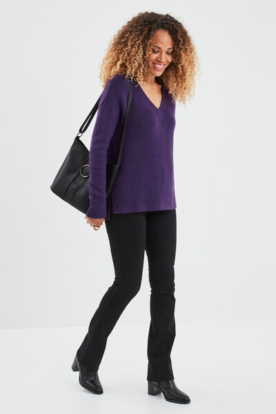 Pull col en V fentes aux côtés violet foncé femme