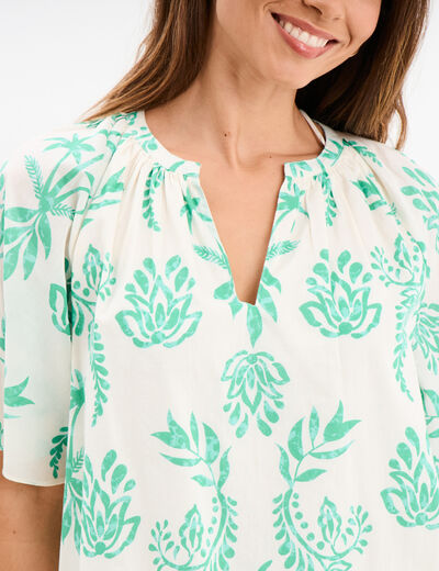 Blouse manches courtes papillons coton ecru femme
