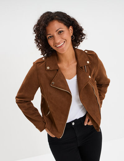 Veste courte esprit biker effet suédine camel femme