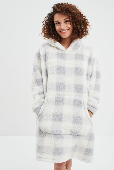 Poncho plaid long pilou ecru femme