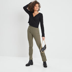 Pantalon flare côtelé vert kaki femme