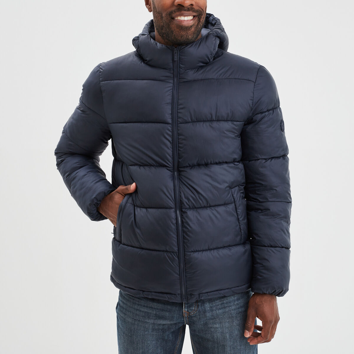 Doudoune doubl&eacute;e zipp&eacute;e &agrave; capuche bleu marine homme