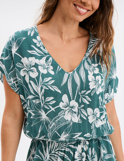 Robe caftant courte col en V vert foncé femme