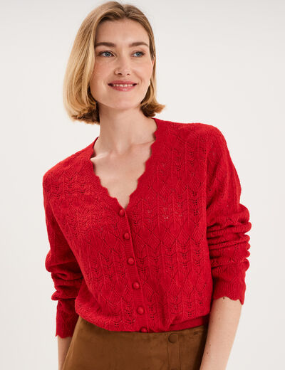 Gilet ajour&eacute; col V manches longues rouge femme