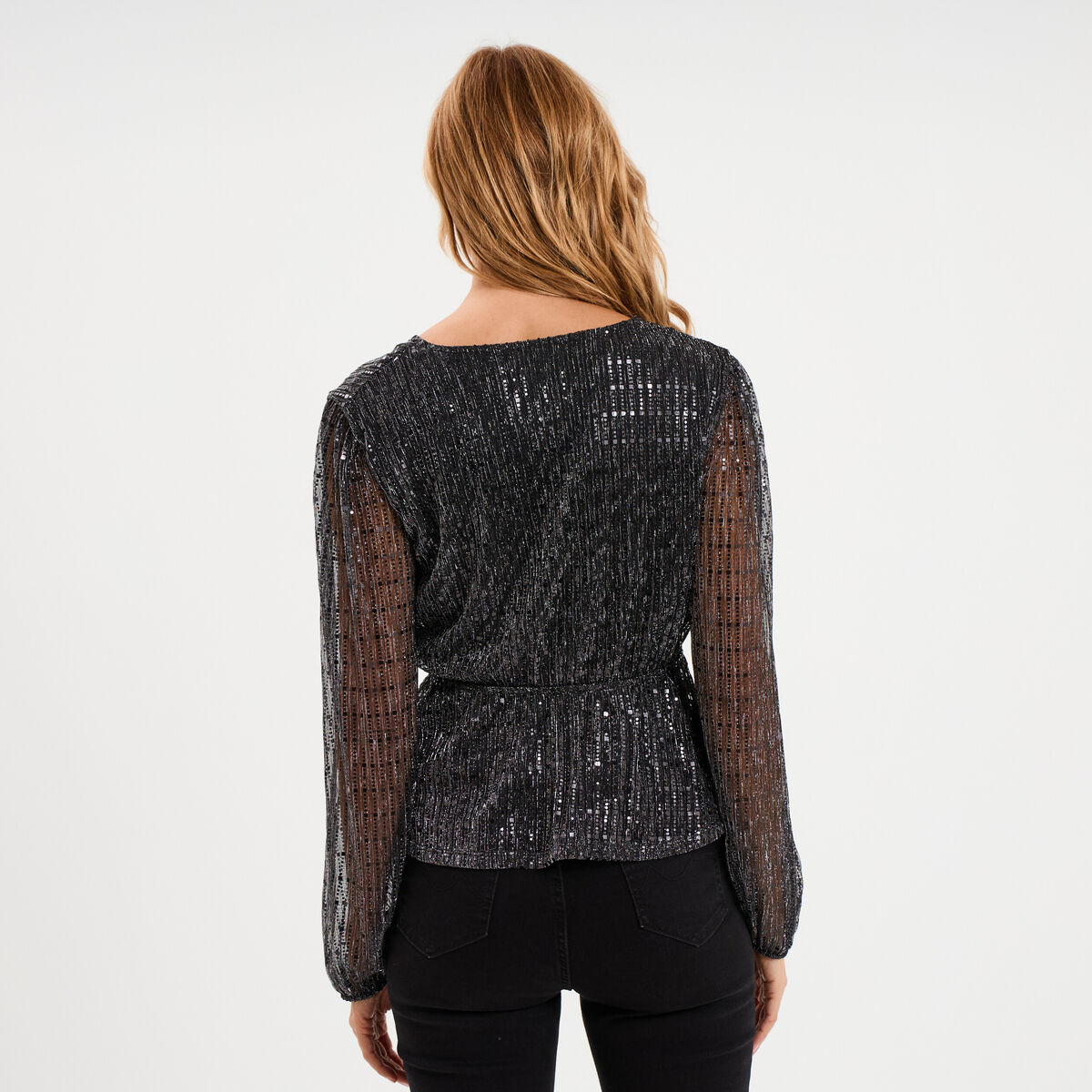 Blouse sequins avec col cache-coeur noir femme