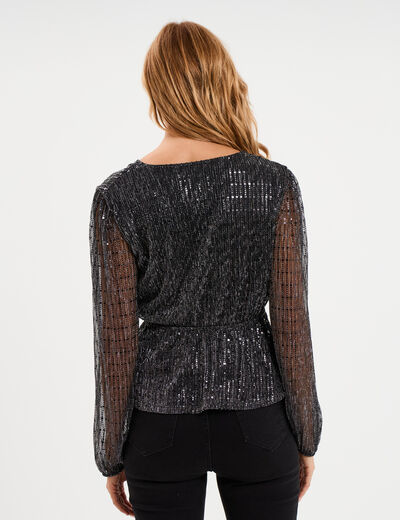 Blouse sequins avec col cache-coeur noir femme