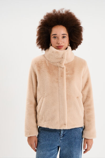 Veste fausse fourrure col montant beige femme