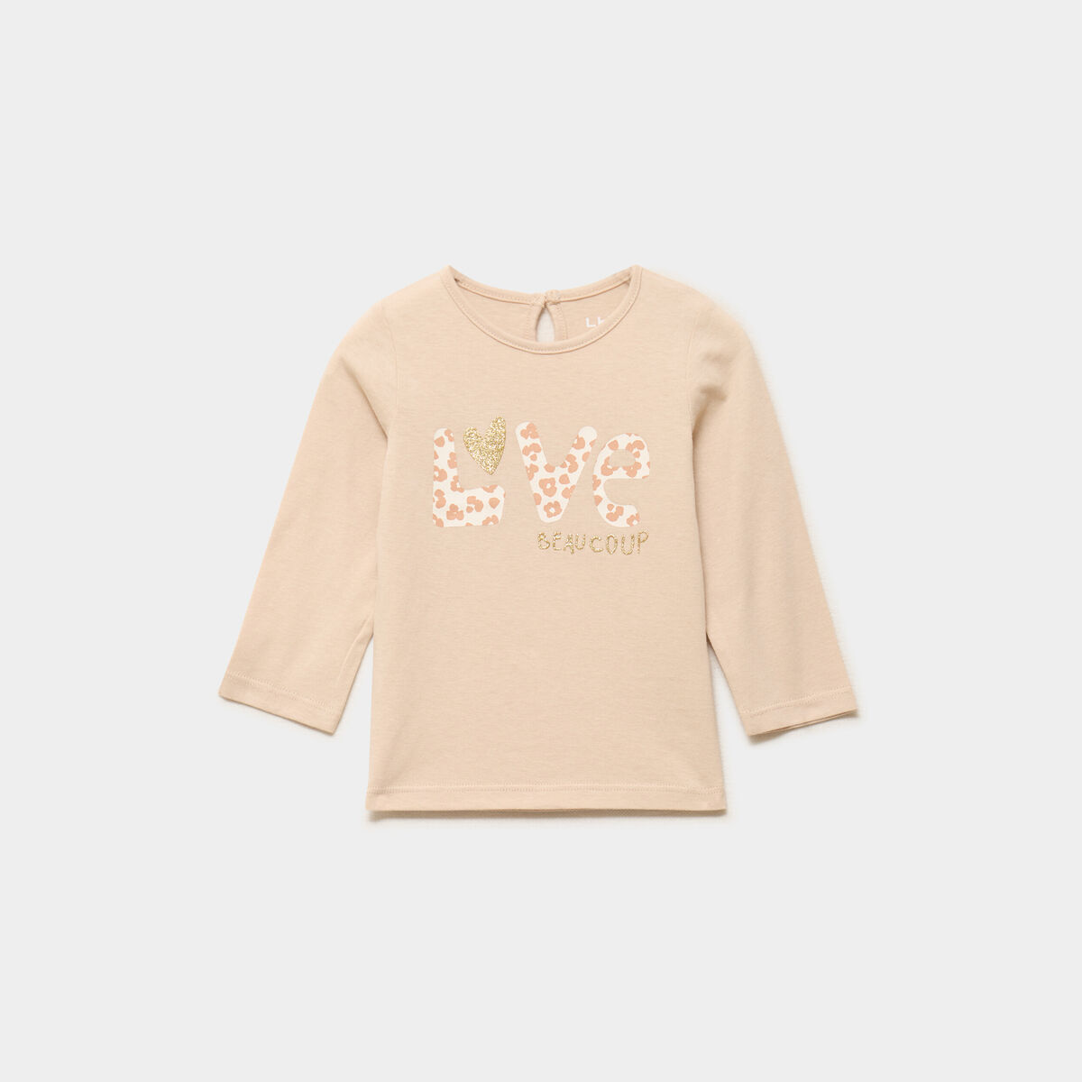 T-shirt manches longues col rond coton beige b&eacute;b&eacute; fille