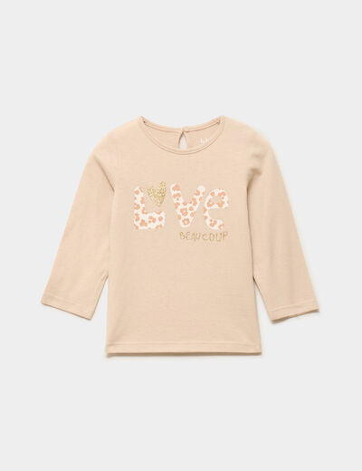 T-shirt manches longues col rond coton beige b&eacute;b&eacute; fille