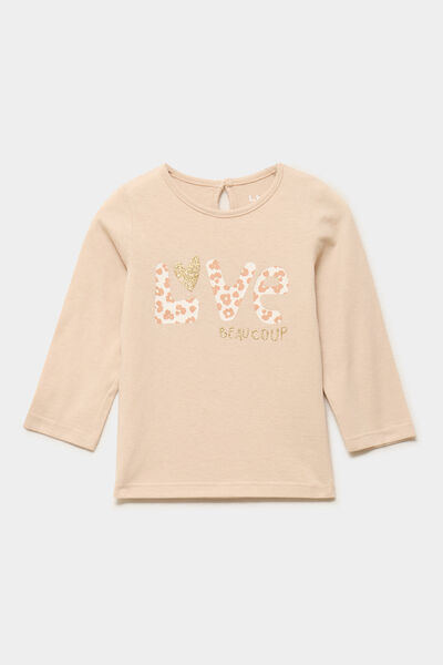 T-shirt manches longues col rond coton beige b&eacute;b&eacute; fille