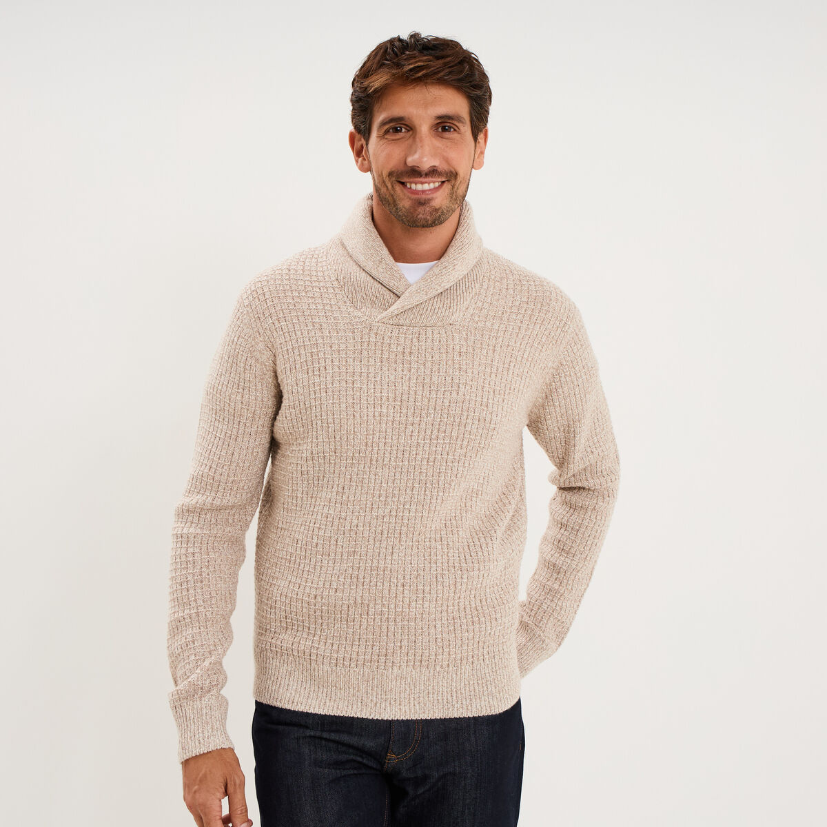 Pull col ch&acirc;le manches longues ecru homme