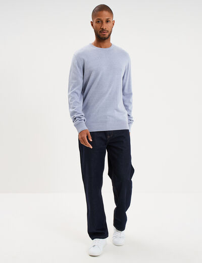Pull droit col rond coton m&eacute;lang&eacute; bleu clair homme