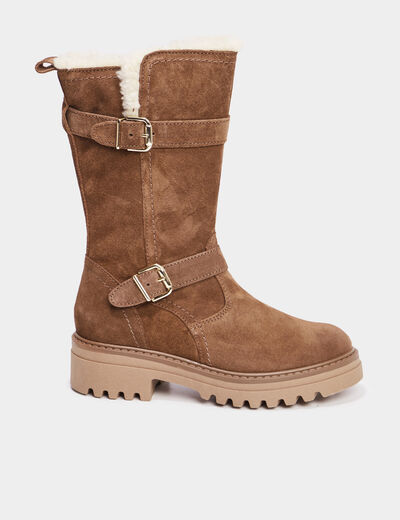 Bottes fourrées avec brides en cuir camel fille