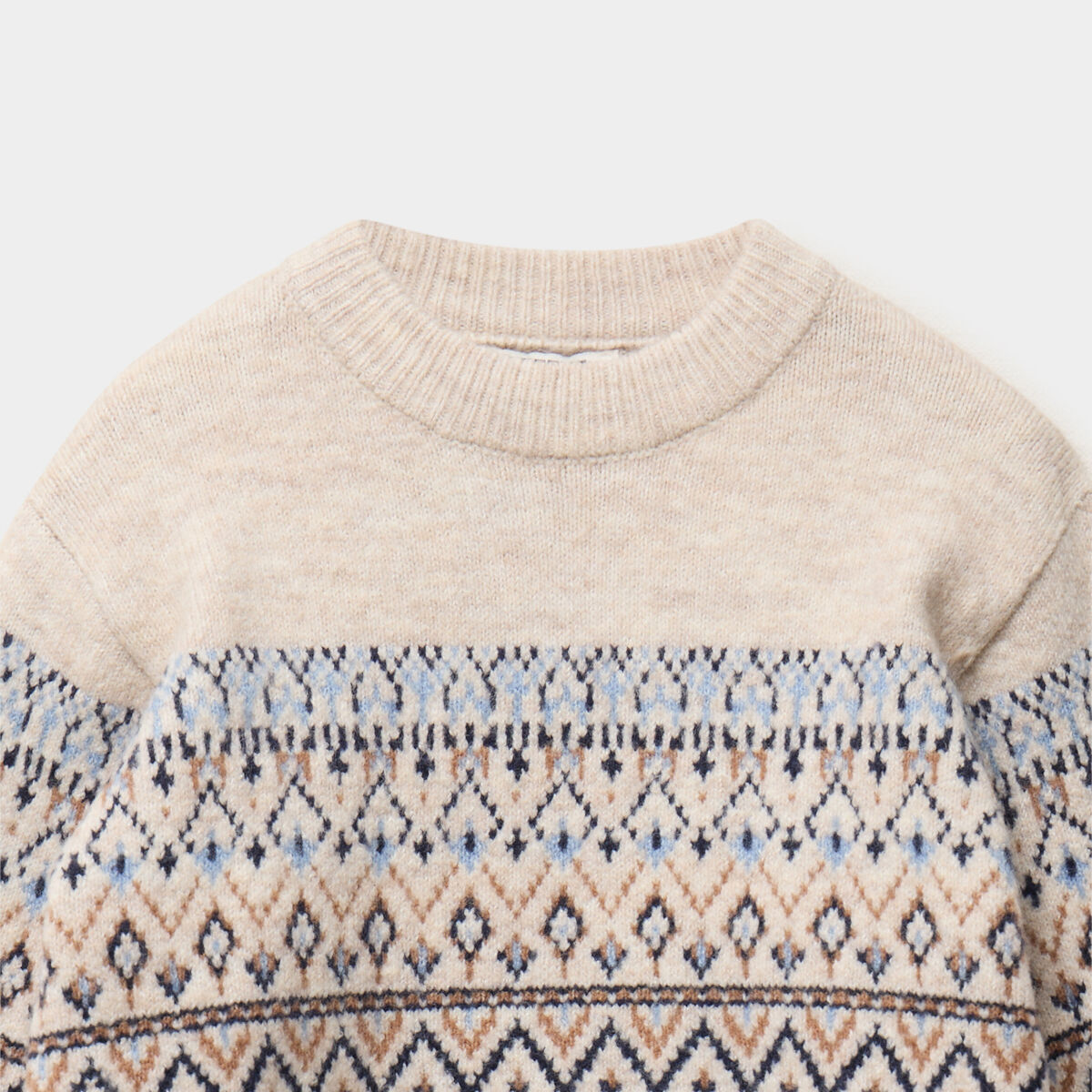 Pull jacquard col rond manches longues ecru gar&ccedil;on