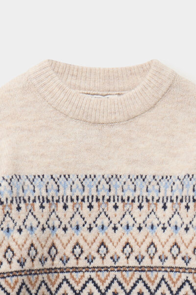 Pull jacquard col rond manches longues ecru gar&ccedil;on
