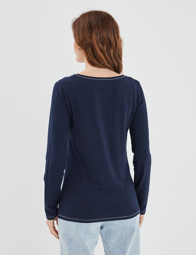 T-shirt manches longues col en V coton bleu marine femme