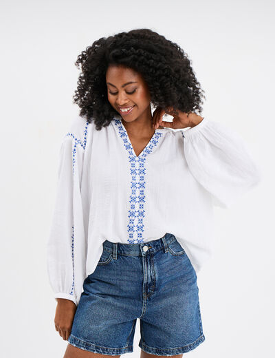 Blouse brod&eacute;e manches longues coton blanc femme