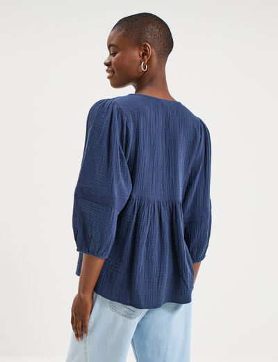 Blouse brod&eacute;e manches 3/4 gaze de coton bleu marine femme