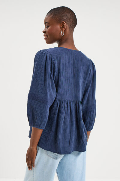 Blouse brod&eacute;e manches 3/4 gaze de coton bleu marine femme