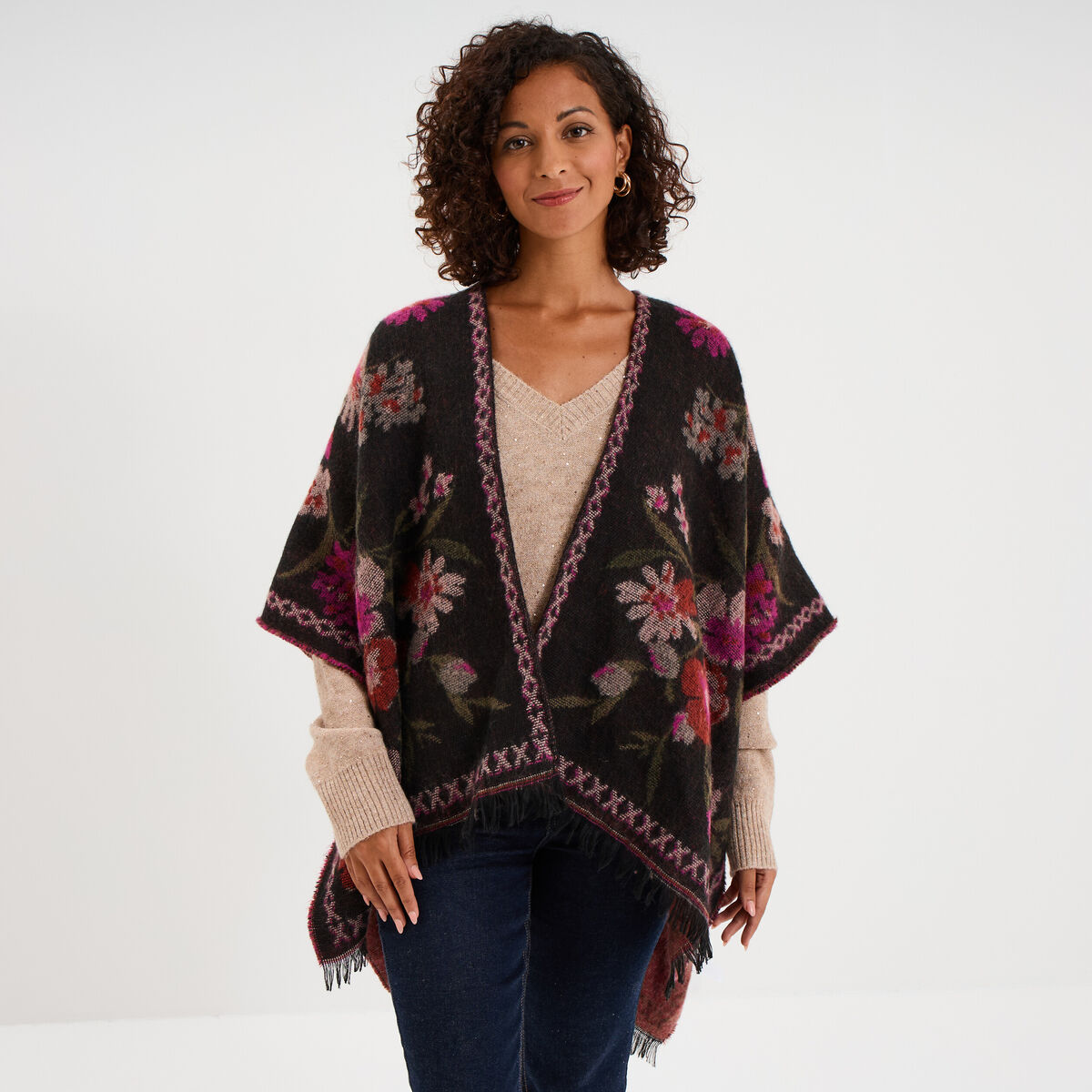 Poncho mi-long avec franges multicolore femme