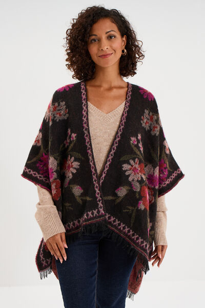 Poncho mi-long avec franges multicolore femme