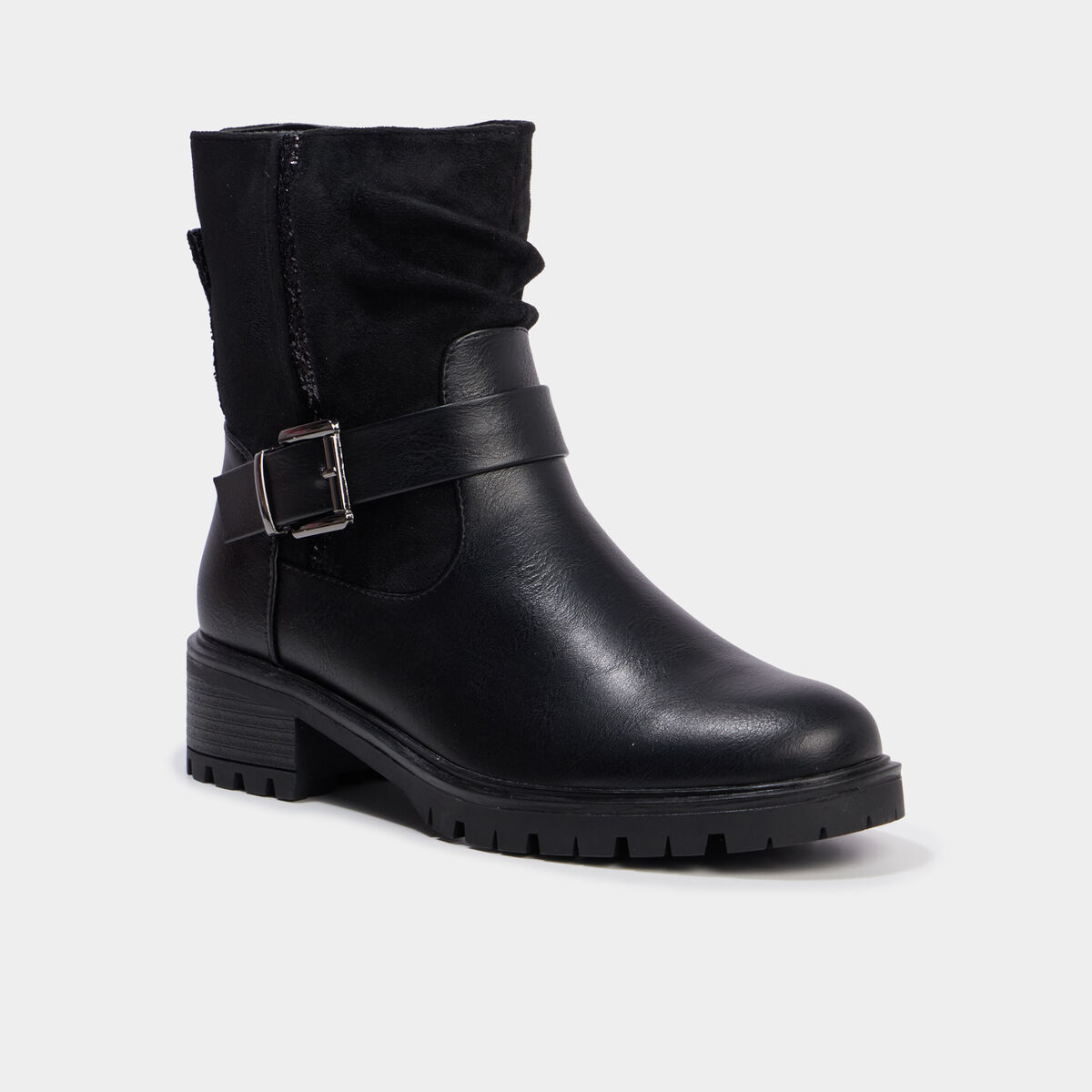 Boots bi-mati&egrave;re crant&eacute;es zipp&eacute;es noir femme