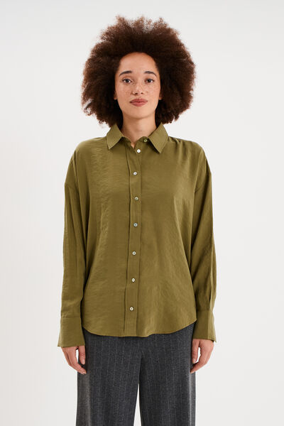 Chemise fluide manches longues oversize vert kaki femme
