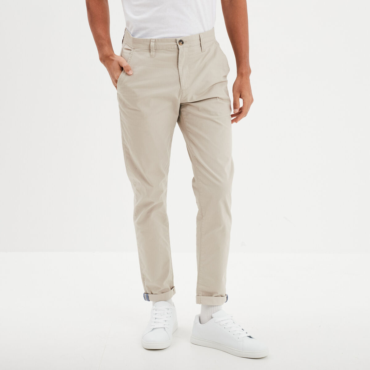 Pantalon chino slim stretch creme homme