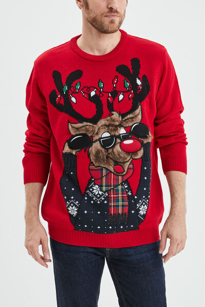 Pull de Noël détails fausse fourrure rouge homme