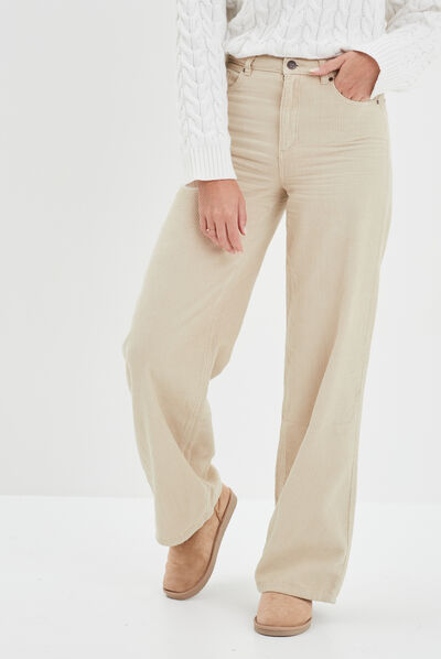 Pantalon velours taille haute large blanc femme