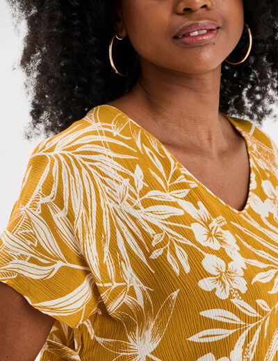 Robe caftant courte col en V jaune or femme