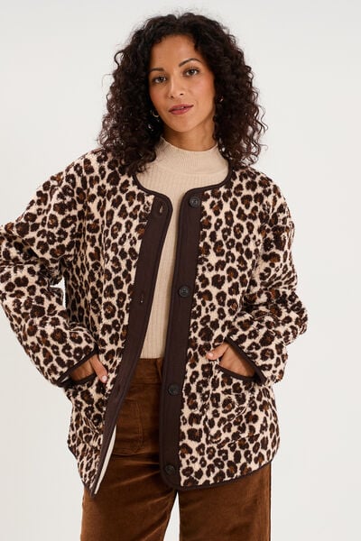 Veste sherpa doubl&eacute;e boutonn&eacute;e beige clair femme