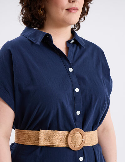 Robe chemise ceinturée coton bleu foncé femme grande taille
