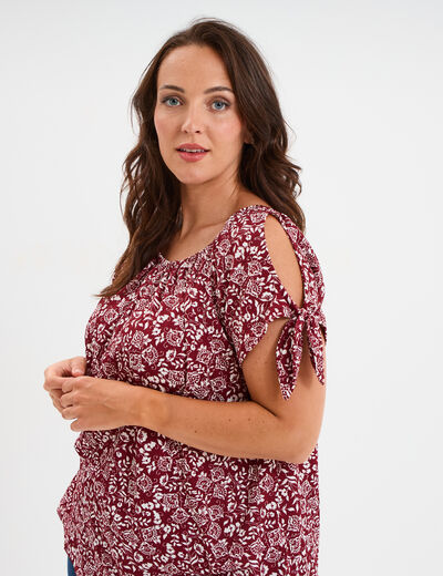 T-shirt col bardot manches noeuds bordeaux femme grande taille