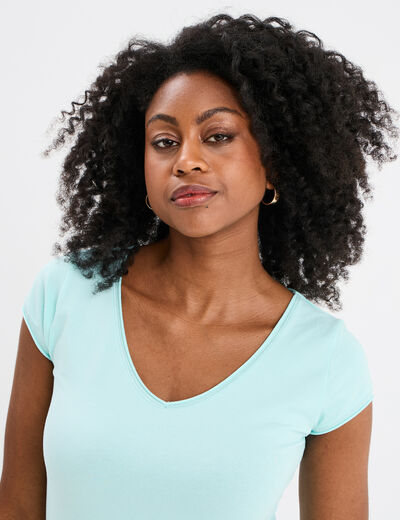 T-shirt col V ajusté manches courtes bleu turquoise femme