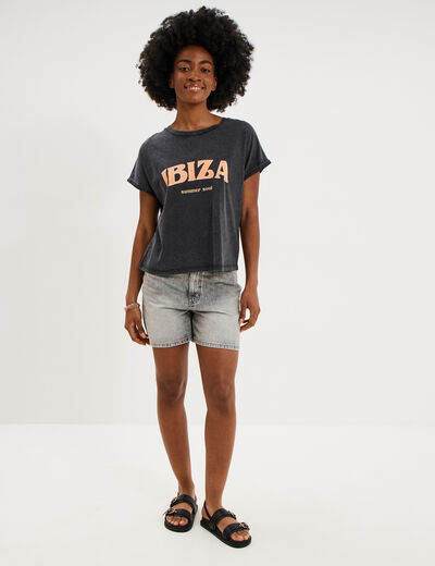 T-shirt col rond manches courtes coton gris anthracite femme