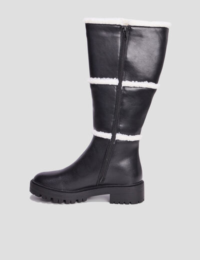 Bottes bandes fausse laine mouton noir femme
