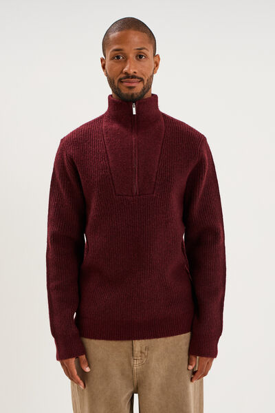 Pull avec col camionneur c&ocirc;tel&eacute; prune homme
