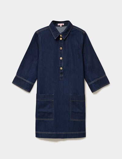 Robe courte en jean col chemise coton denim brut femme