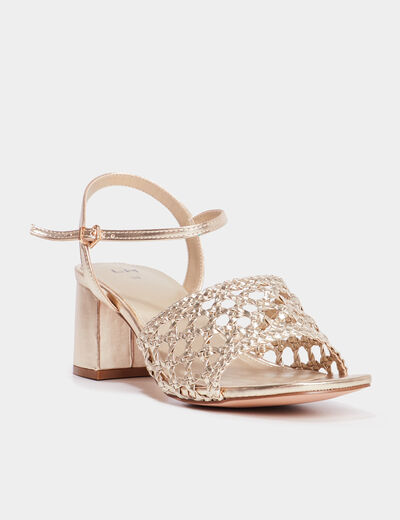 Sandales &agrave; talons m&eacute;tallis&eacute;es tress&eacute;es jaune or femme