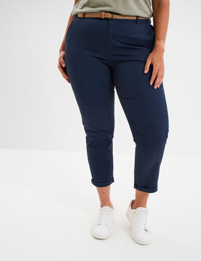 Pantalon chino cigarette ceinturé coton bleu marine femme grande taille