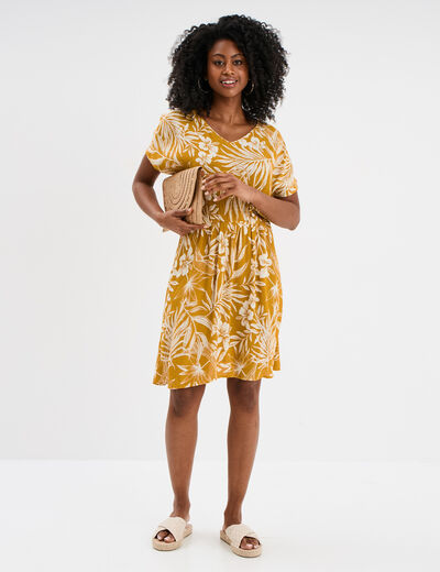 Robe caftant courte col en V jaune or femme