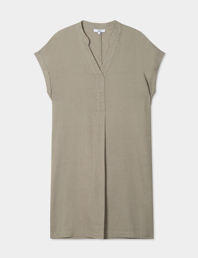Robe manches courtes lin mélangé vert kaki femme
