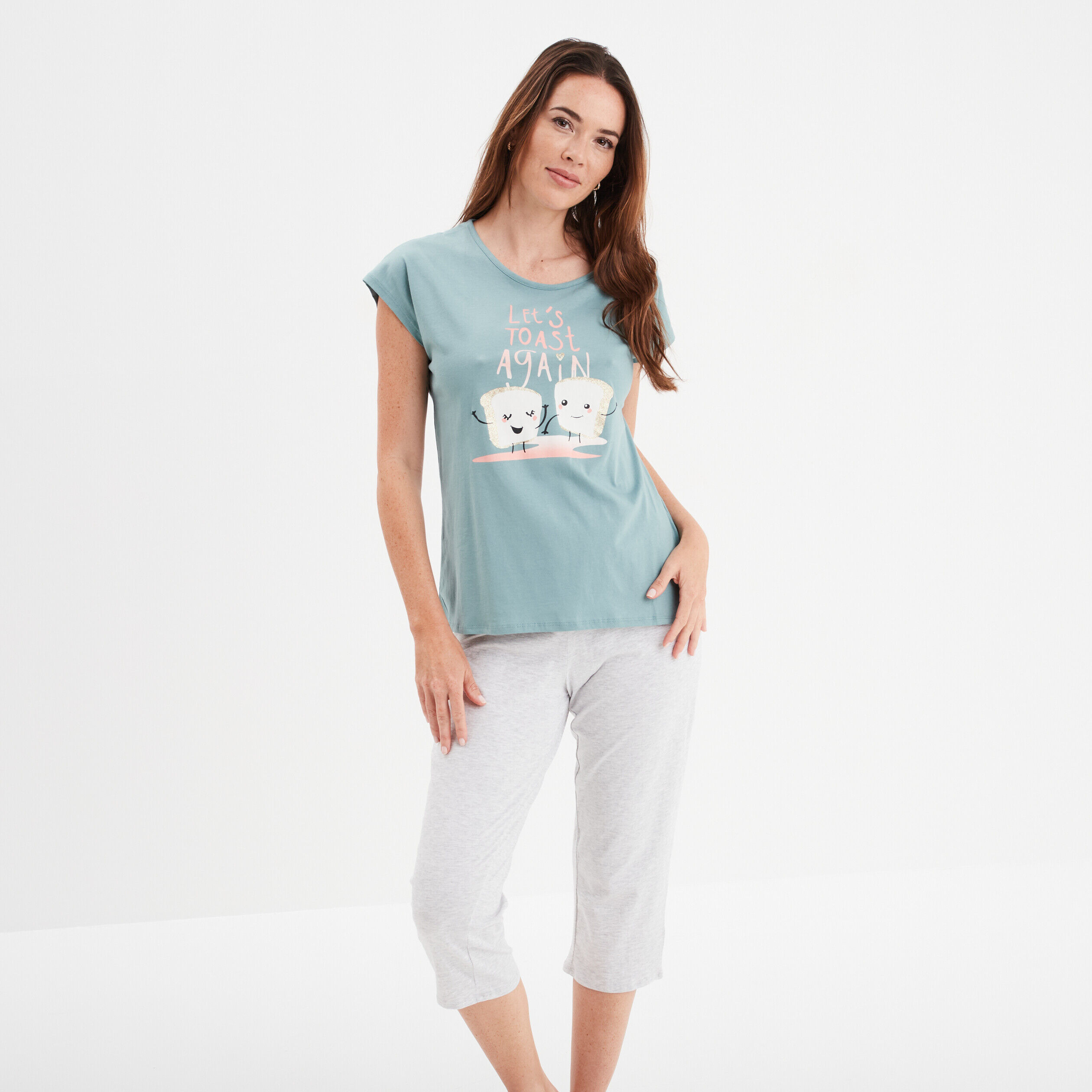 Ensemble pyjama corsaire 2 pièces coton bleu gris femme LH