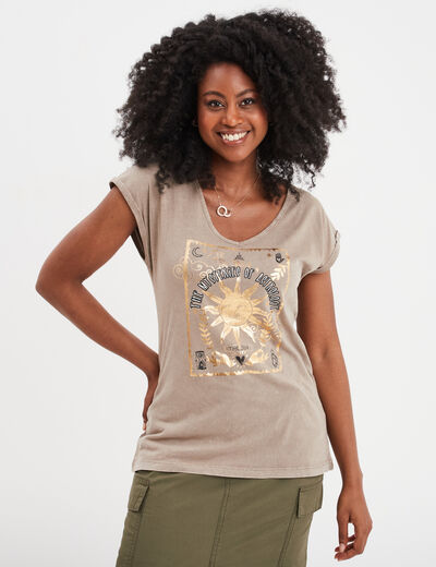 T-shirt coton col en V manches courtes vert kaki femme