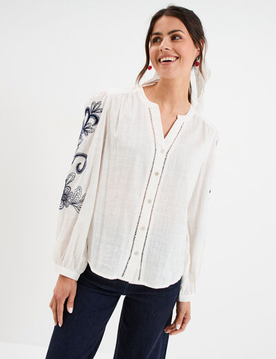 Blouse col tunisien manches brodées ecru femme