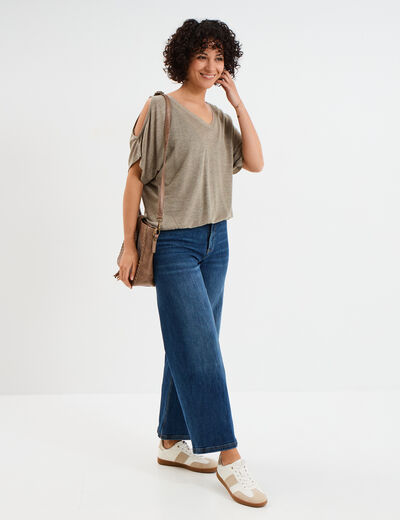 T-shirt épaules ouvertes col en V vert kaki femme