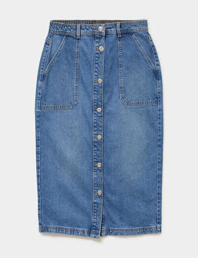 Jupe longue en jean droite boutonn&eacute;e denim stone femme